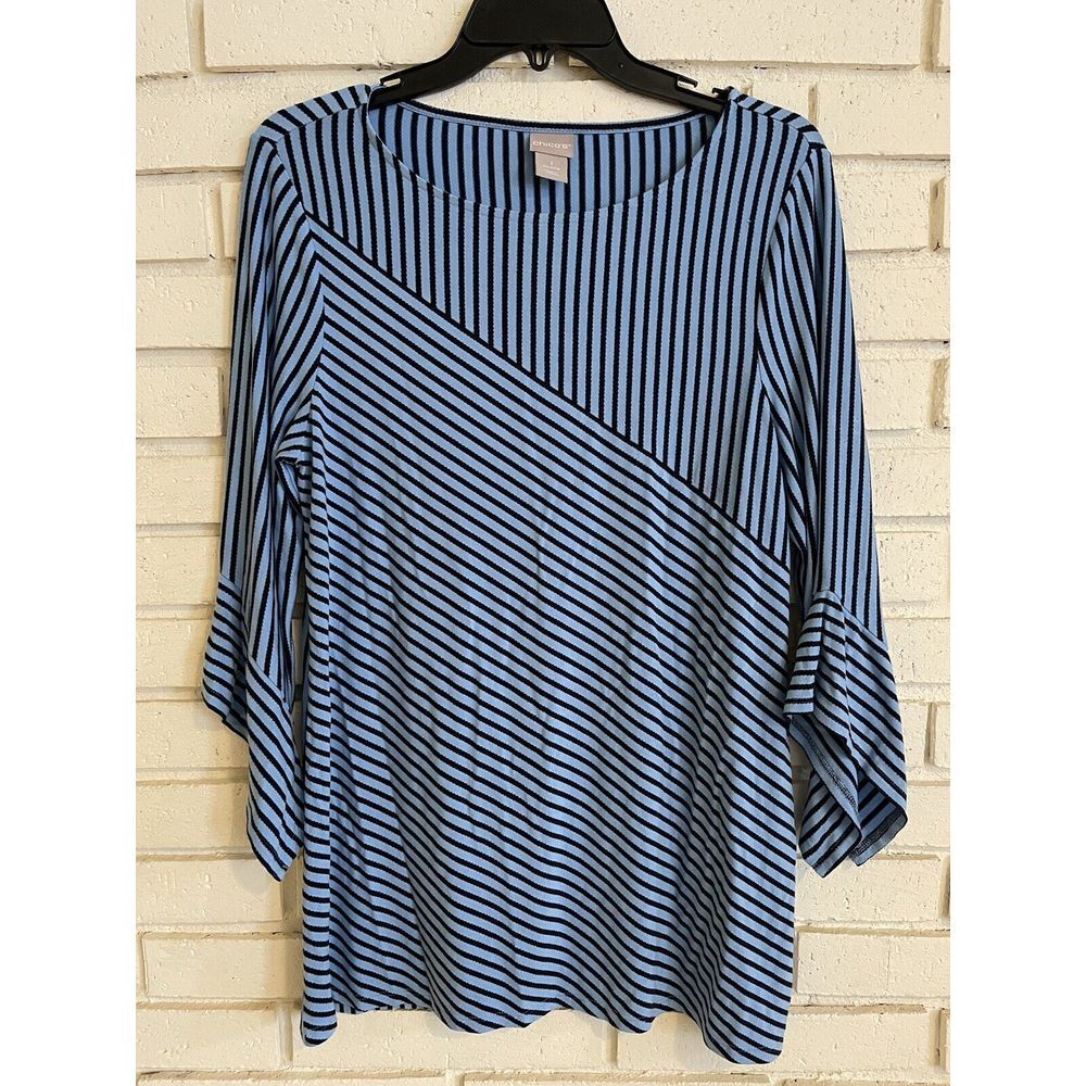 Chicos 1 (Medium)‎ Tunic Womens Blue & Black Stripe Asymmetrical Sleeves